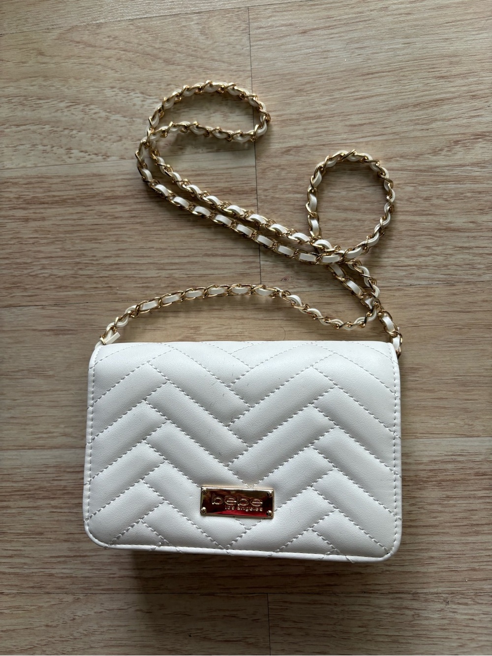 bebe White Quilted Crossbody with Gold Chain Strap